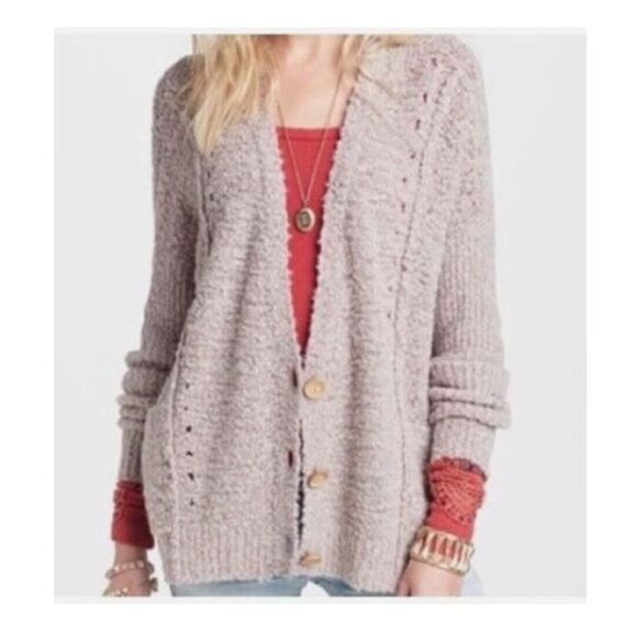 Free People Acrylic Blend Slouchy Cardigan Sweater Long Sleeve Tan Womens Small - Picture 1 of 11